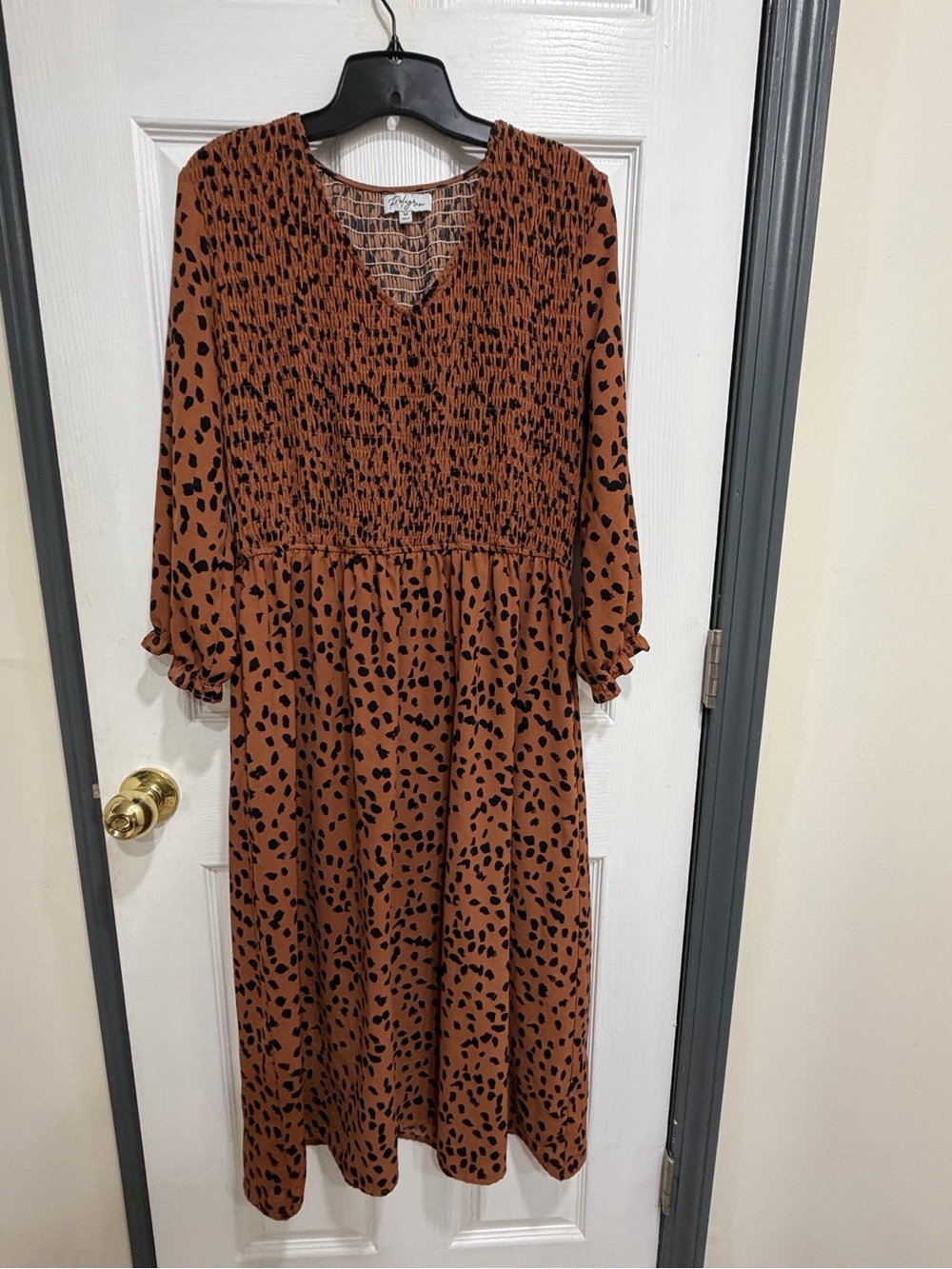 Polagram Rust Brown Midi Dress with Black Spot Print